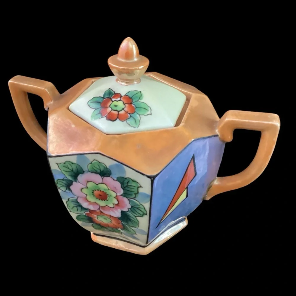 Vintage Lusterware Sugar Pot Ceramic Hexagon Iridescent Glaze